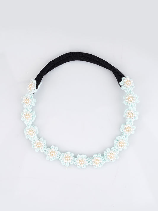 Choko Soft Blue Floral Beaded Hair Band - Graceful Blooms - Blue with Cream and White Pearls