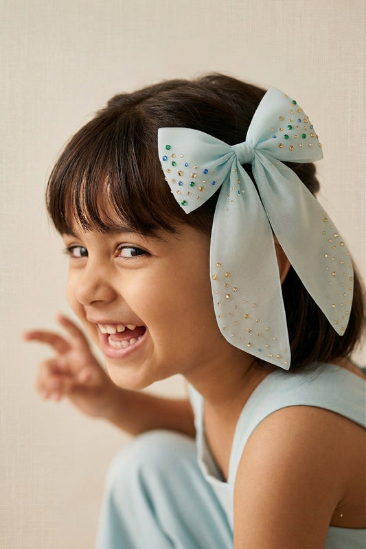 Choko Organza Bow Hairclip with Crystal Stone Embellishments - Blue, White, Yellow