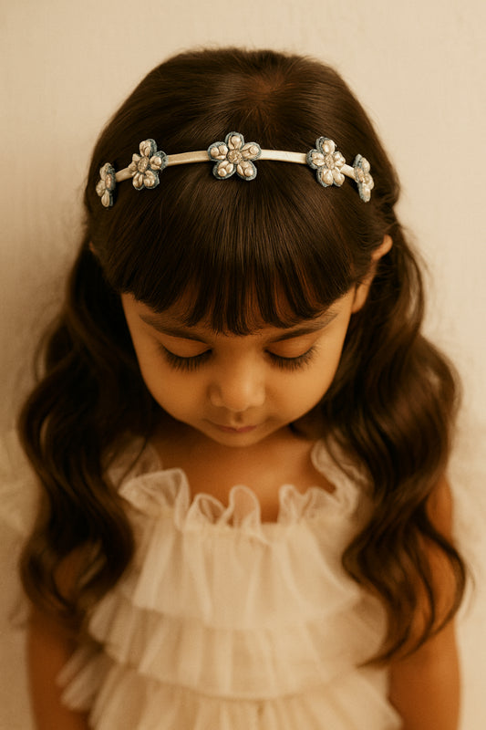 Choko Beaded Floral Hairband with Rustic Floral Beads and Versatile Style for Girls - Denim Blue