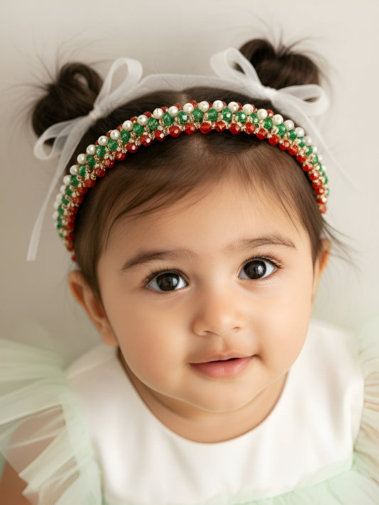 Choko Girls Beaded Headband with Tricolour Beads & Pearl Accents -Multicolour | Festive Kids Accessory