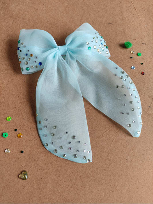 Choko Organza Bow Hairclip with Crystal Stone Embellishments - Blue, White, Yellow