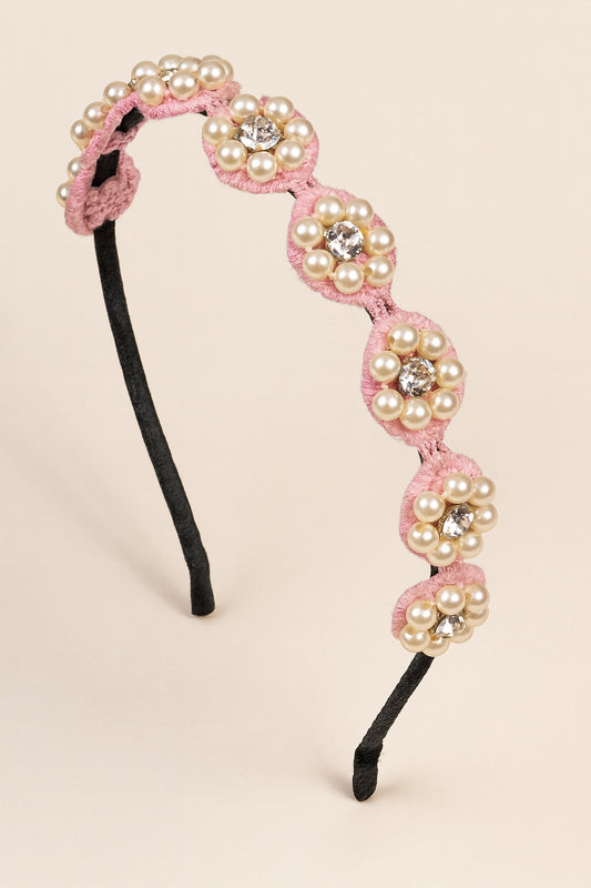 Choko Beaded Floral Pearl Hairband with Pearly Flowers and Elegant Touch for Girls - Light Pink