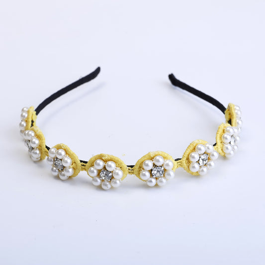 Choko Beaded Floral Pearl Hairband with Sunny Pearl Flowers and Cheerful Style for Girls - Yellow