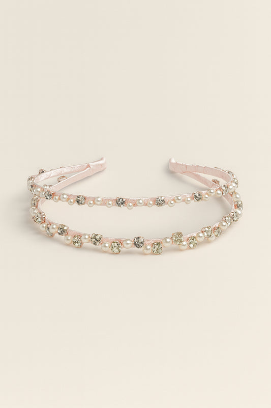 Choko Double Row Pearl Rhinestone Hairband with Classic Charm and Sparkle for Girls - White