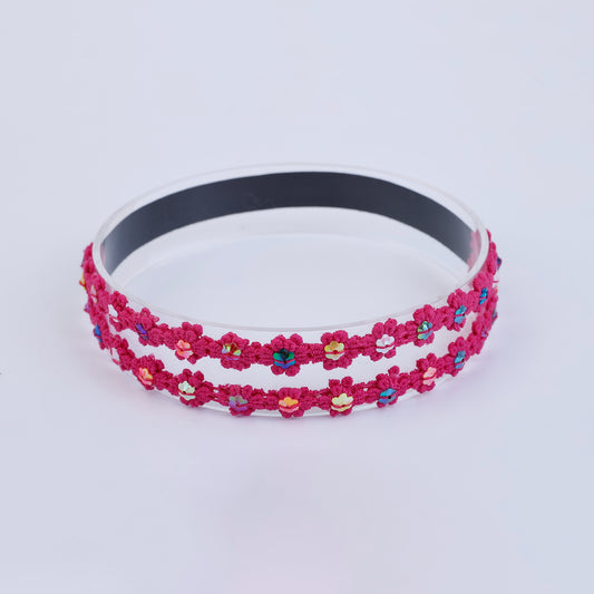 Choko Floral Sequin Crochet Hairband Handcrafted with Delicate Flower Accents for Girls - Berry Pink