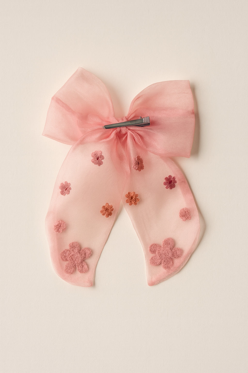 Choko Floral Embellished Bow Hairclip Large with Colorful Embroidery Details for Girls - Pink