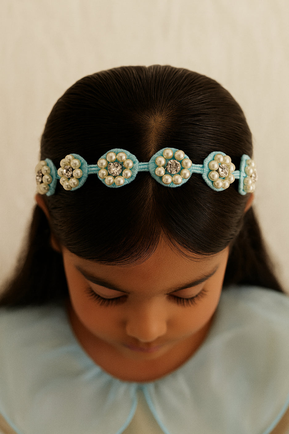 Choko Beaded Floral Pearl Hairband Hair Accessory with Rhinestones and Flowers for Girls - Blue