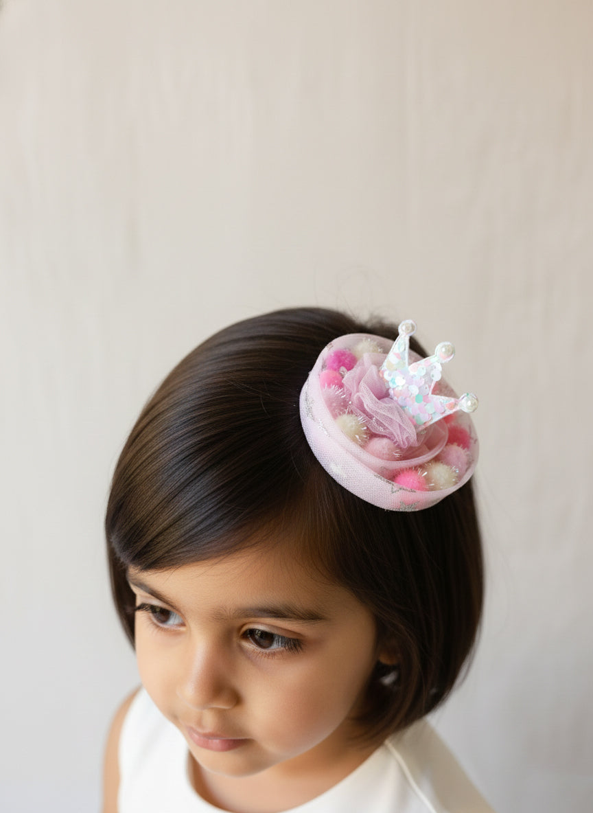 Choko Pastel Crown Pom-Pom Birthday Hairclip for Baby Girls with Glitter & Tulle - Multicolor