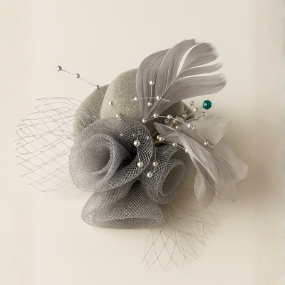 Choko Floral Mesh Rose Hat Alligator Hair Clip in Grey for Girls Elegant Party Wear Style