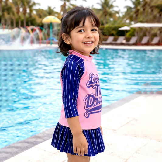 2 Pcs Live Dream, Pink & Blue Stripes Top & Skort Set, Toddlers & Kids Swimwear with Free Wash Bag & Free Swim Detergent