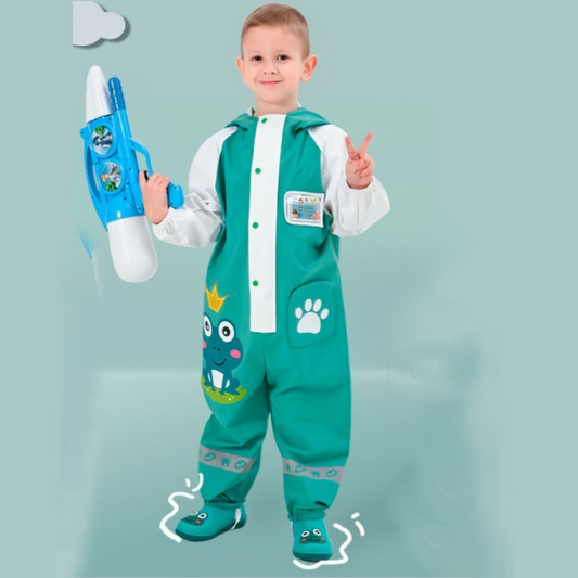 White & Teal Frog Full Jumpsuit Style Raincoat for Toddlers and Kids