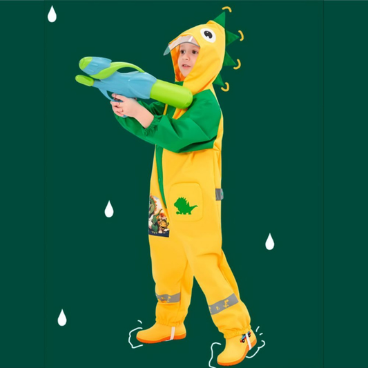 Dinosaur Friends themed Yellow Full Jumpsuit Style Raincoat for Toddlers and Kids