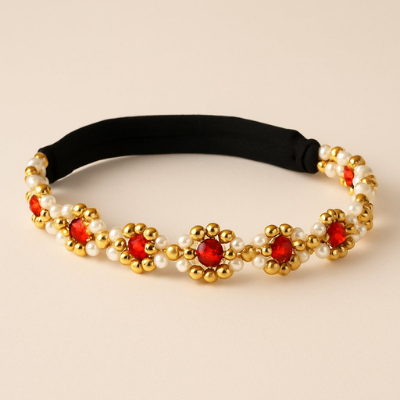 Choko Girls Beaded Headband with Golden Beads & Red Crystal Flowers -Red & Gold | Kids Accessory