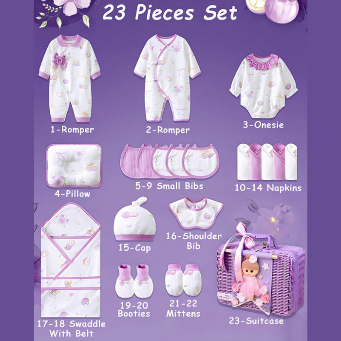 23 pcs Fairy Bow Newborn Baby Girl Gift Box set, All Season Wear Hamper with luxury designed Storage Cane Basket (0-12 months)