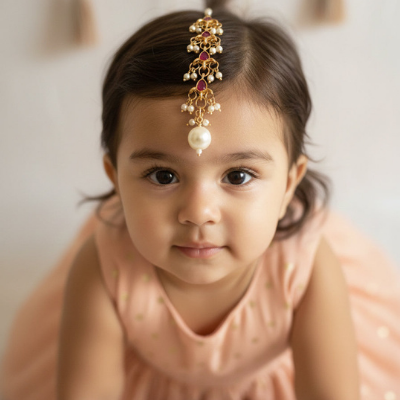 Choko Girls Red Floral Ruby Stone Pearl Drop Maang Tikka