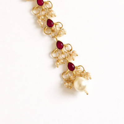 Choko Girls Red Floral Ruby Stone Pearl Drop Maang Tikka