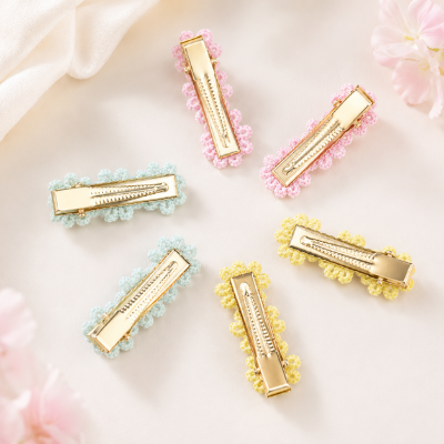 Choko Set of 6 - Flowery Cotton and Pearl Hairclip Set - 3 Pairs (Baby Pink, Soft Blue, Yellow)
