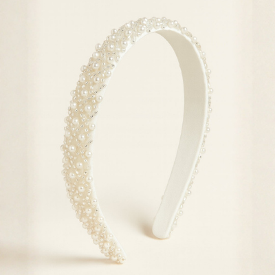 Choko White Pearl Embellished Hair Band for Girls with Soft Base for Party & Festive Wear