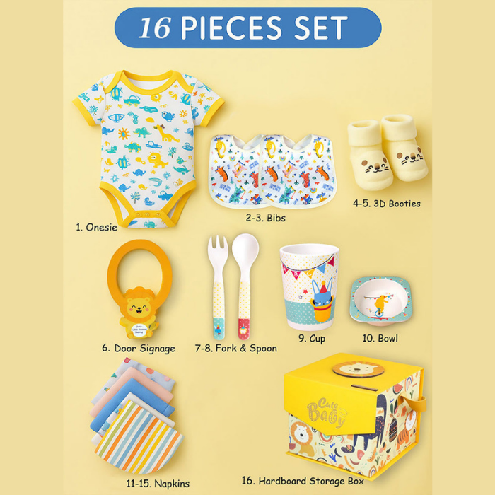 16 pcs Yellow King Lion Newborn Hamper/Gift Box for Baby Boy/Baby Girl, 0-6 months