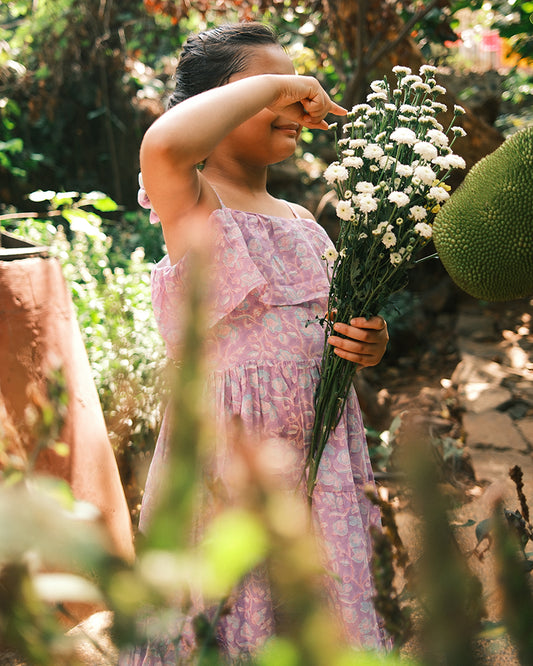 Fool's paradise dress in purple butterfly blockprint