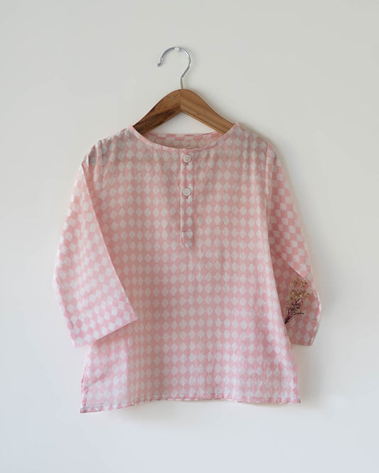 Sleepover party kids unisex kurta in blush pink rhombus