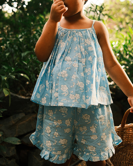 Blossom powder blue spaghetti top shorts set