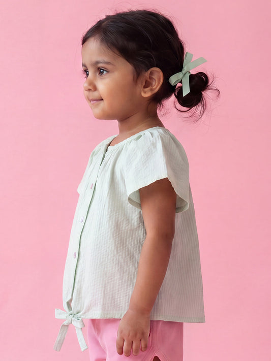 Seersucker Knot & Pop Tie-Up Top for Girls (Green)