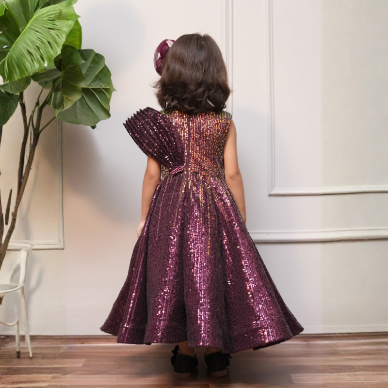 Sequin Flared Gown With Handmade Flower For Enhanced Look