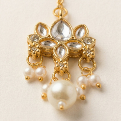 Choko Girls White Kundan Studded Pearl Drop Maang Tikka