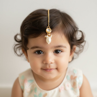 Choko Girls White Round Kundan Large Pearl Drop Maang Tikka