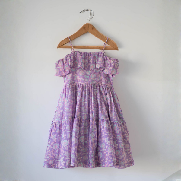 Fool's paradise dress in purple butterfly blockprint