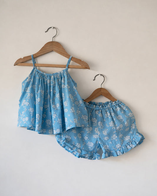 Blossom powder blue spaghetti top shorts set