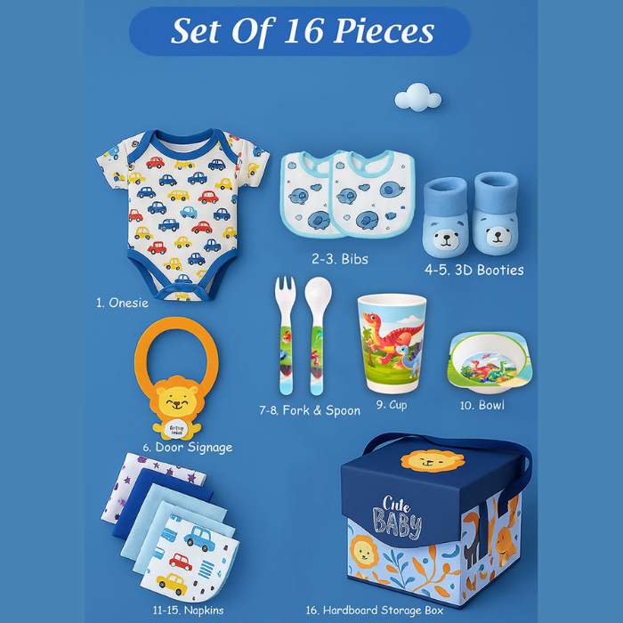 16pcs Blue King Lion Newborn Hamper/Gift Box for Baby Boy, 0-6 months