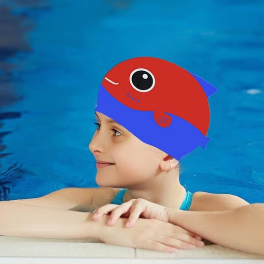 Red Fin Dual Color, Silicone Kids Swim Cap, 5 years -15 years