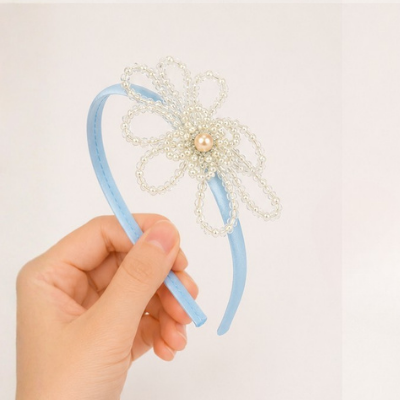 Choko Blue Floral Beaded Hairband with Pearls - Blue, OffWhite