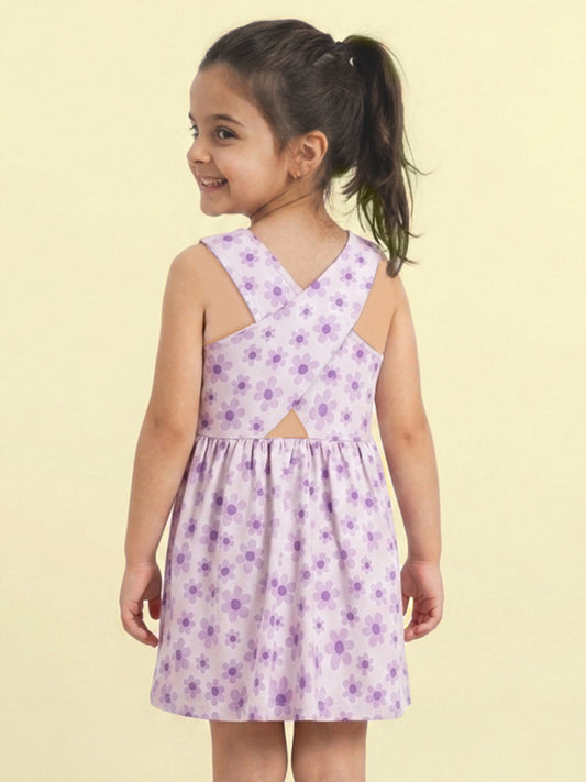 Floral Bloom Cross Back Dress for Girls (Purple)