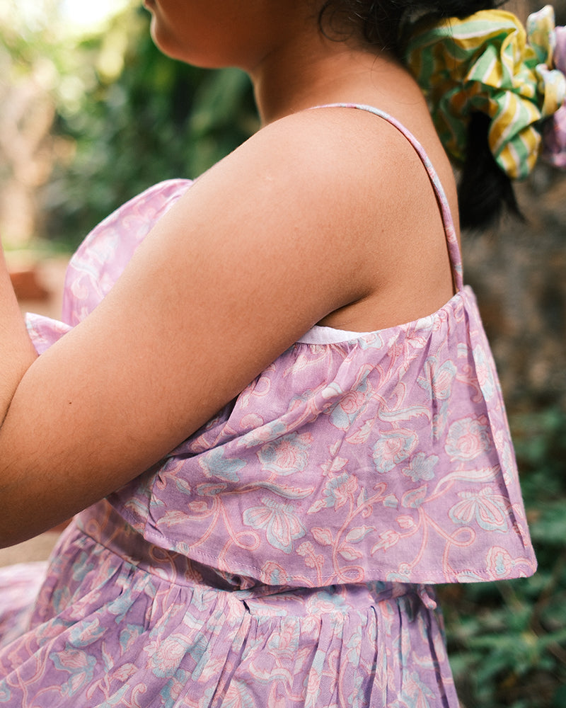Fool's paradise dress in purple butterfly blockprint
