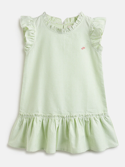 Soothing Stripes Frill Sleeves Dress for Girls (Green)