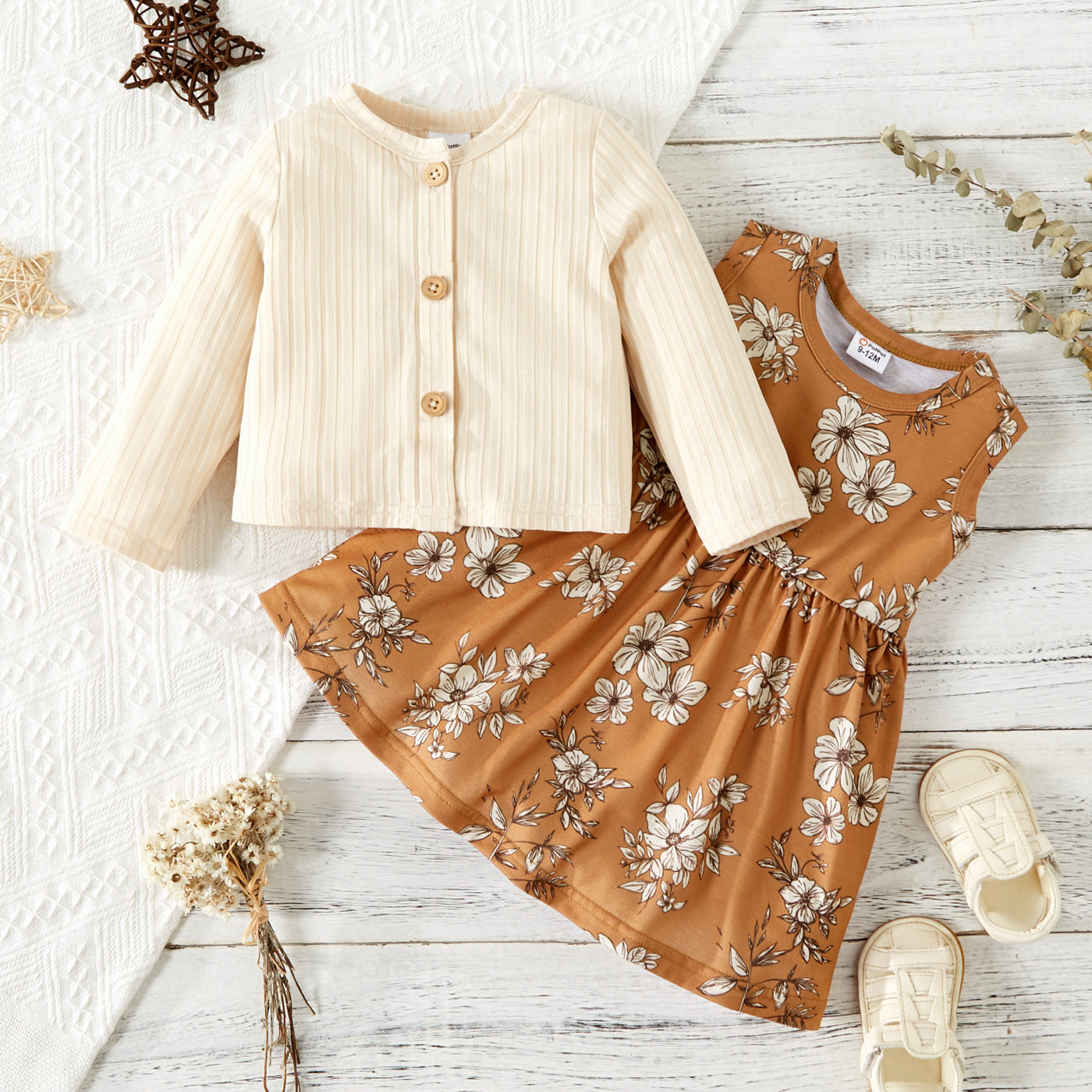 Baby girl cotton sleeveless dress with buttoned cardigan