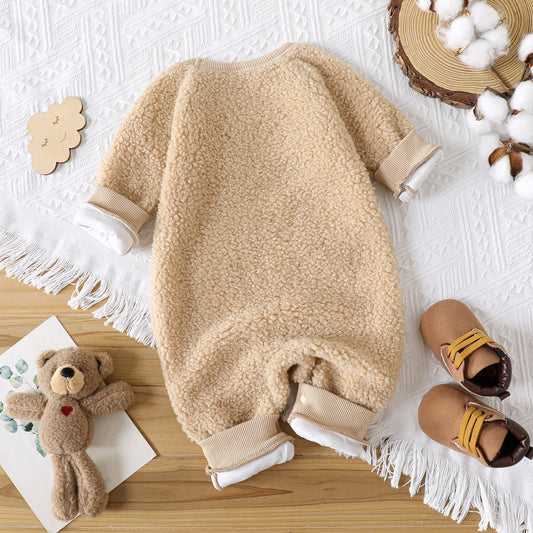 Unisex Baby Fuzzy Romper with Check Pockets – Brown