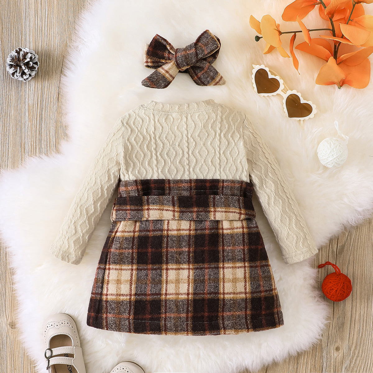 check printed warm frock with headband Brown Dresses for kids