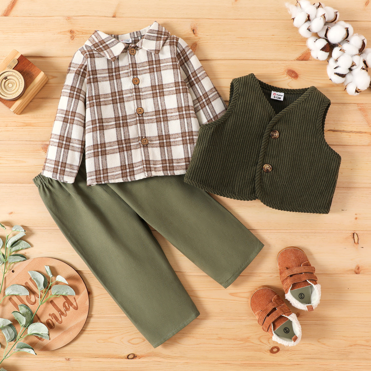 Baby Boy Checked Shirt, Pants and Corduroy Jacket Set – Green