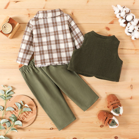 Baby Boy Checked Shirt, Pants and Corduroy Jacket Set – Green