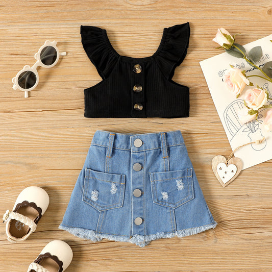 Baby girl 2pc top and denim skirt set Blue for kids