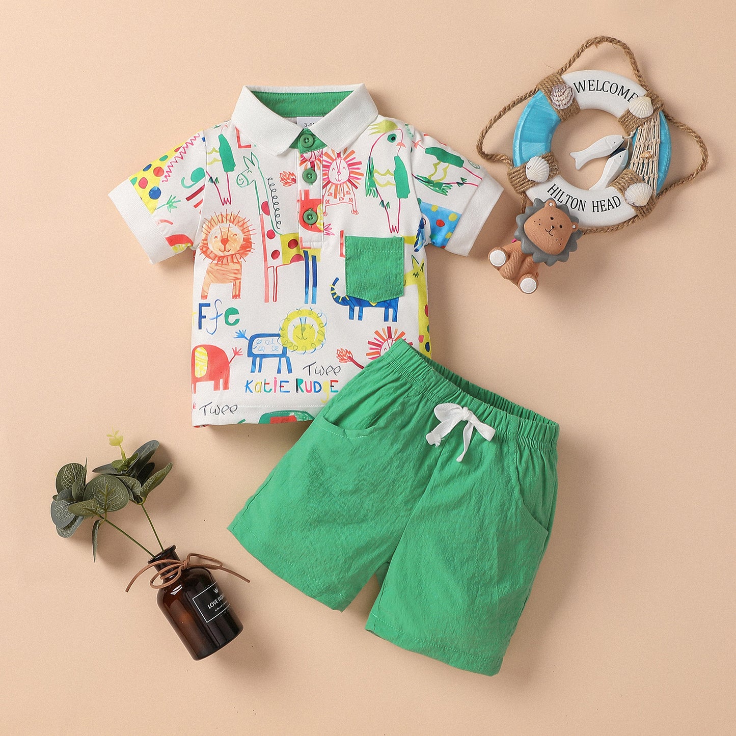 Baby boy animal printed t-shirt and shorts set Green for kids