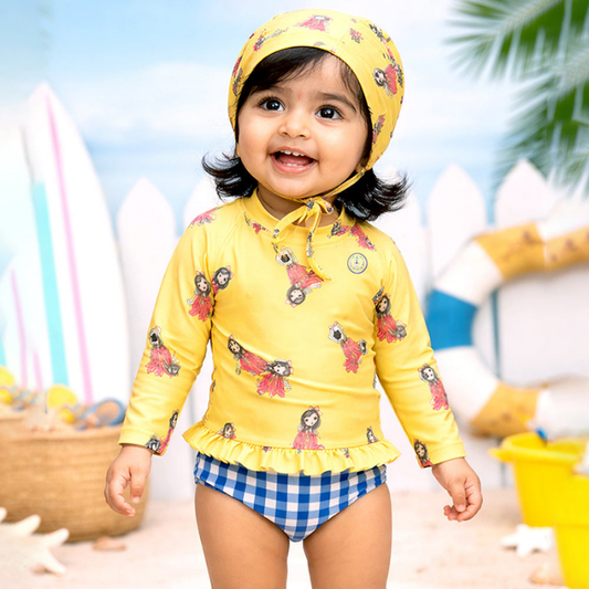 2 Pcs Yellow Peplum Top & Checkerd Bottom, Toddlers & Kids Swimwear with matching Swim Cap, plus Free Wash Bag & Free Swim Detergent