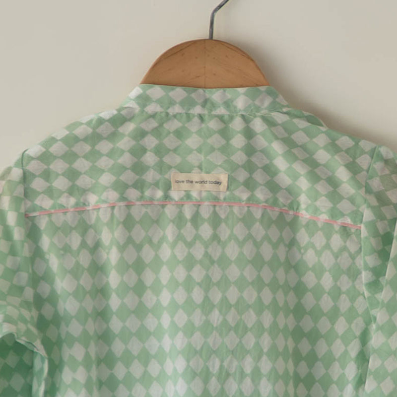 Barefoot boy shirt in sage green rhombus