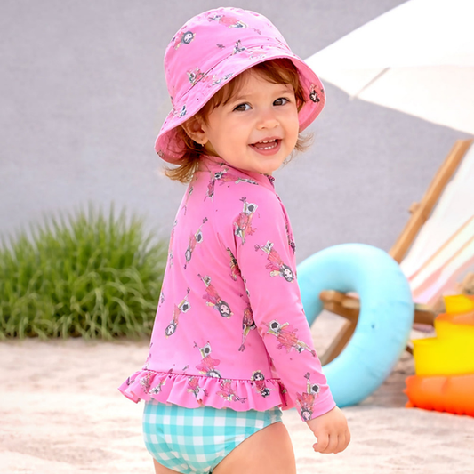 2 Pcs Pink Peplum Top & Checkered Bottom, Toddlers & Kids Swimwear with matching Swim Cap, plus Free Wash Bag & Free Swim Detergent