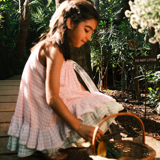 Pocketful of Sunsets dress in rhombus block print