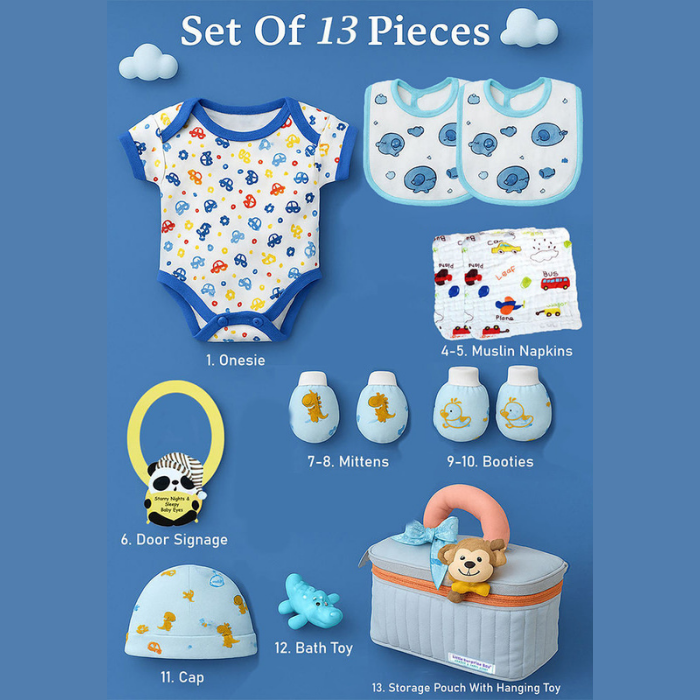 13 pcs Blue Monkey soft Satin pouch Newborn Hamper /Gift Box for Baby, 0-6 months